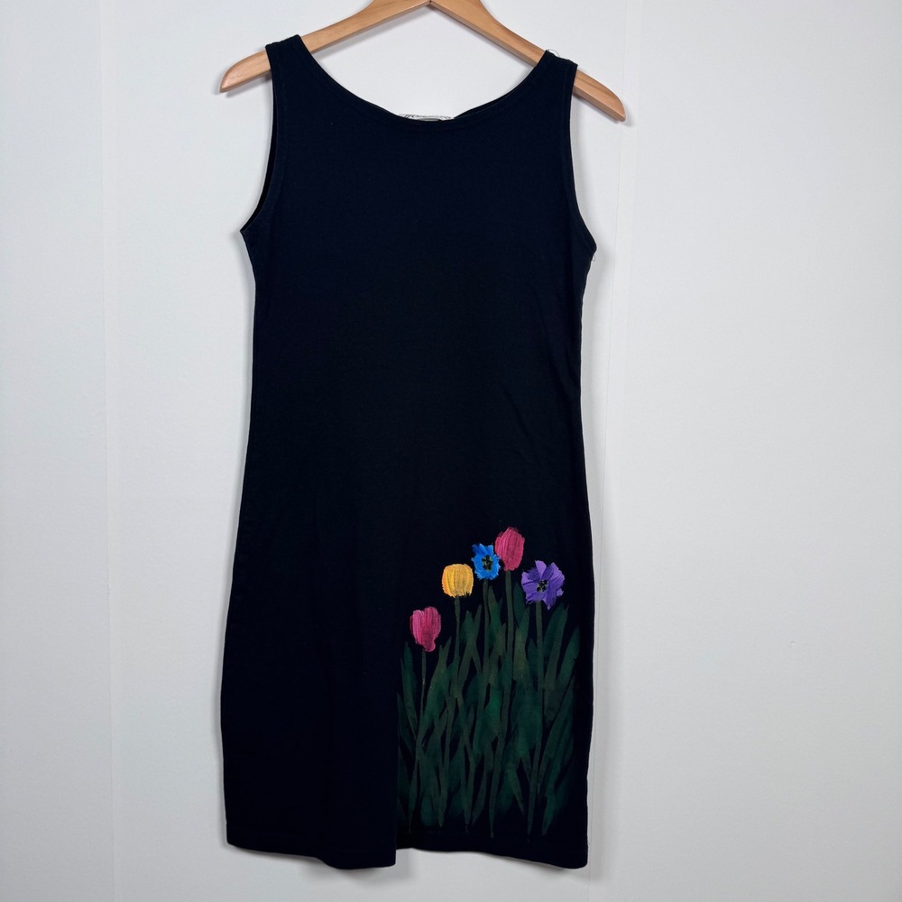 90s Victoria S Hand Paint Floral Shift Mini Dress Black USA Made Artsy Cottage - Picture 2 of 13